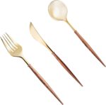 120pcs Gold Plastic Silverware, Gold Disposable Cutlery with Wood Grain Handle Include 40 Forks, 40 Spoons, 40 Knives, Elegant Disposable Silverware for Wedding, Party, Gathering, Daily Use