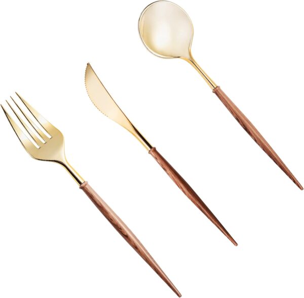 120pcs Gold Plastic Silverware, Gold Disposable Cutlery with Wood Grain Handle Include 40 Forks, 40 Spoons, 40 Knives, Elegant Disposable Silverware for Wedding, Party, Gathering, Daily Use