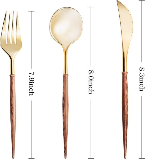 120pcs Gold Plastic Silverware, Gold Disposable Cutlery with Wood Grain Handle Include 40 Forks, 40 Spoons, 40 Knives, Elegant Disposable Silverware for Wedding, Party, Gathering, Daily Use
