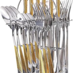 Gold Silverware Set, 24 Pieces Flatware Set with Silverware Holder, Stainless Steel Knives and Forks and Spoons Cutlery Set Service for 6, Kitchen Utensil Tableware Set with Antiskid Handle