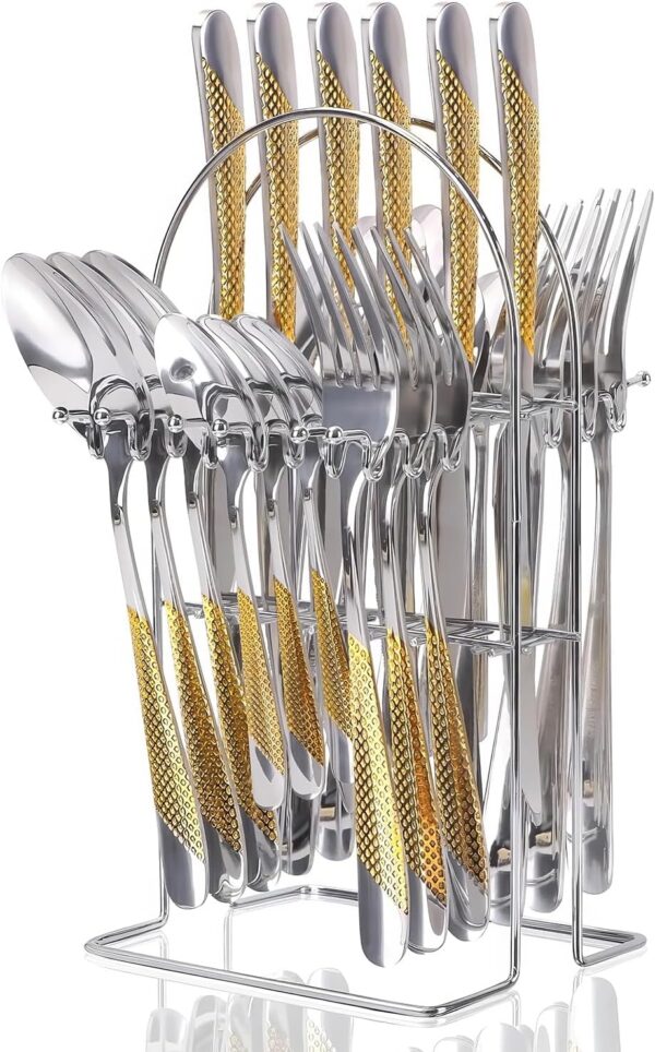 Gold Silverware Set,  24 Pieces Flatware Set with Silverware Holder, Stainless Steel Knives and Forks and Spoons Cutlery Set Service for 6, Kitchen Utensil Tableware Set with Antiskid Handle