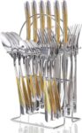 Gold Silverware Set,  24 Pieces Flatware Set with Silverware Holder, Stainless Steel Knives and Forks and Spoons Cutlery Set Service for 6, Kitchen Utensil Tableware Set with Antiskid Handle