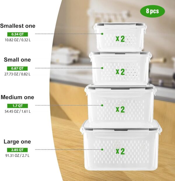 4 PCS Fruit Storage Containers for Fridge with Removable Colander, Airtight Food Storage Container, Dishwasher Safe Produce Saver Container for Refrigerator, Keep Berry Fruit Vegetable Fresh Longer