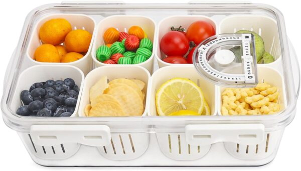 Divided Serving Tray with Lid, Portable Snack Box Charcuterie Veggie Tray with Lid, Food Storage Organizer with 8 Colandersfor Fruit, Vegetable, Refrigerator, Kitchen, Party, Picnic