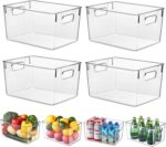 Fridge Organiser Set, Clear Plastic Storage Bins, 4 Pack Pantry Organizers & Storage Containers, Cabinet Organizer, Home Organization Must Haves for Kitchen, Laundry Room, Office, Closet & Freezer