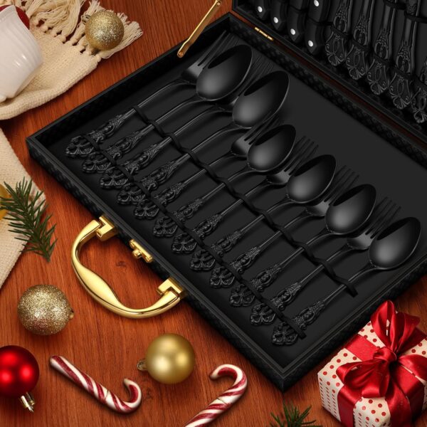 24 Pcs Black Silverware Set with Gift Box, Gorgeous Retro Royal Silverware Set for 4, Stainless Steel Mirror Flatware Cutlery Set for Home Party Wedding, Dishwasher Safe Utensils Set